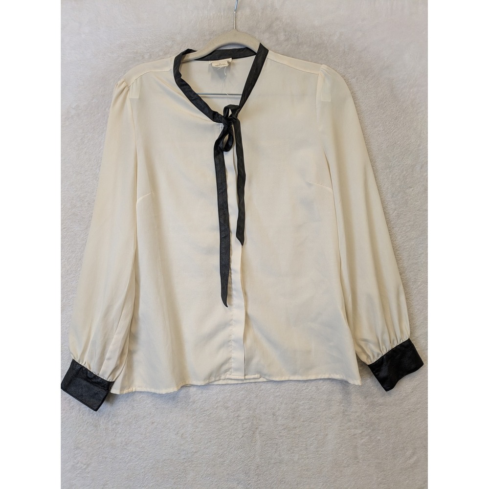 Coincidence & Chance Tie Neck Blouse Women's Small Cream Black Faux Leather Trim